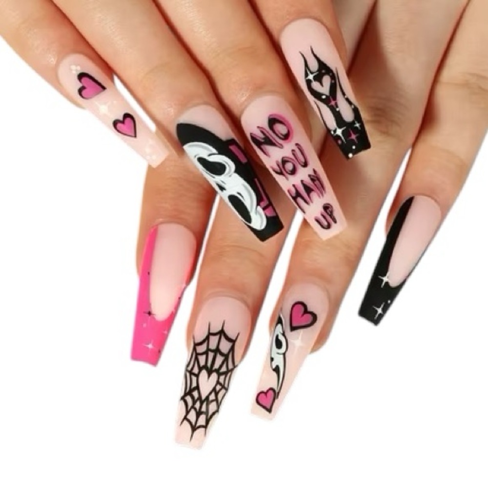 Halloween Fake Nails 24pcs Pink Black Vampire Cat Scream Spider Web Heart BNIB